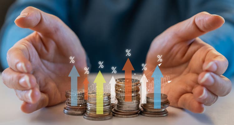 Human hand holding stack of coin and arrow business financial investment data graph, business growth, money, stock market, chart, interest rate, investment, funds, percent commission, banking increase