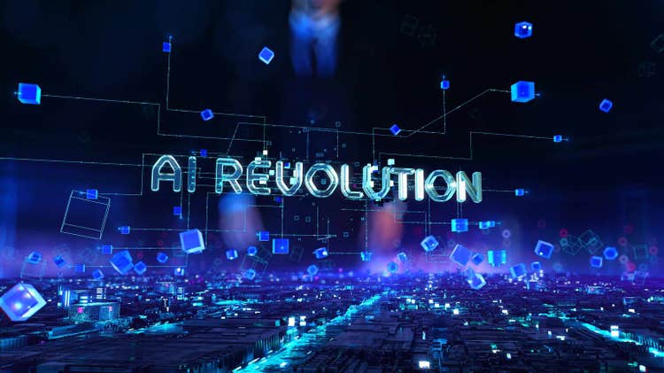 AI Revolution- businessman working and touching with augmented virtual reality at night office.