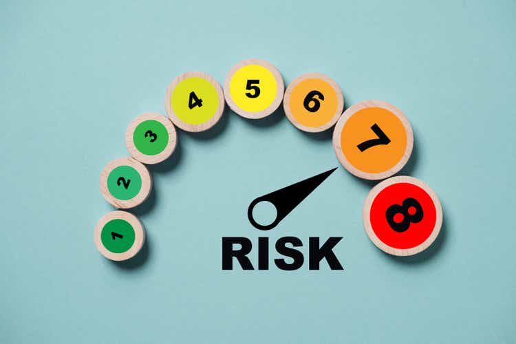 Risk level indicator rating print screen wooden cube block since low to high on blue background for Risk Assess management of investment and working concept.