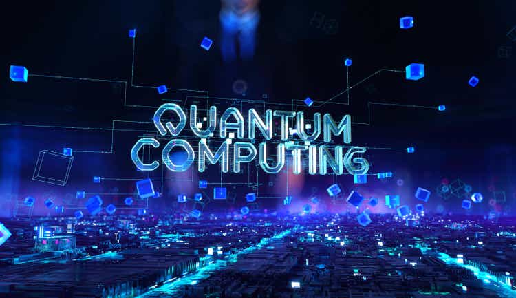 Quantum Computing - a businessman working with virtual reality in the office.