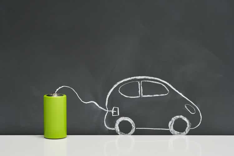 Batteries and electric vehicles on a blackboard