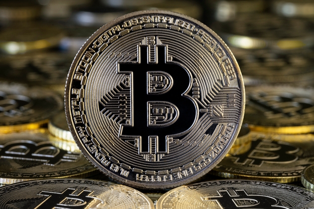 Close-up of Bitcoin coins.