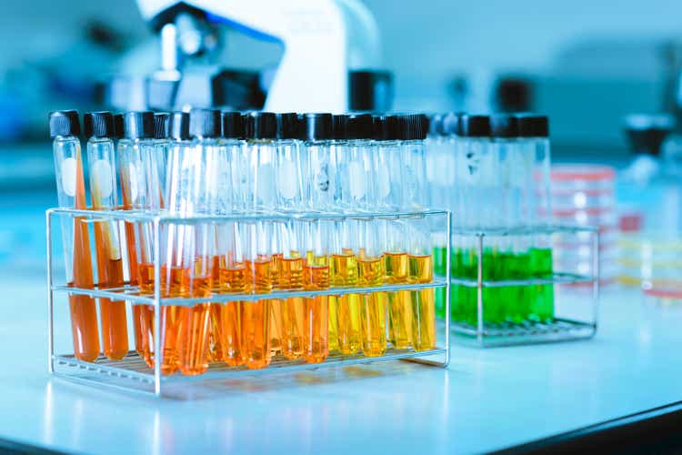 Rows of laboratory test tubes. Scientific glassware for chemical, Laboratory research background.