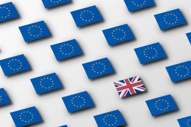 Grid pattern of European flags with a single British flag