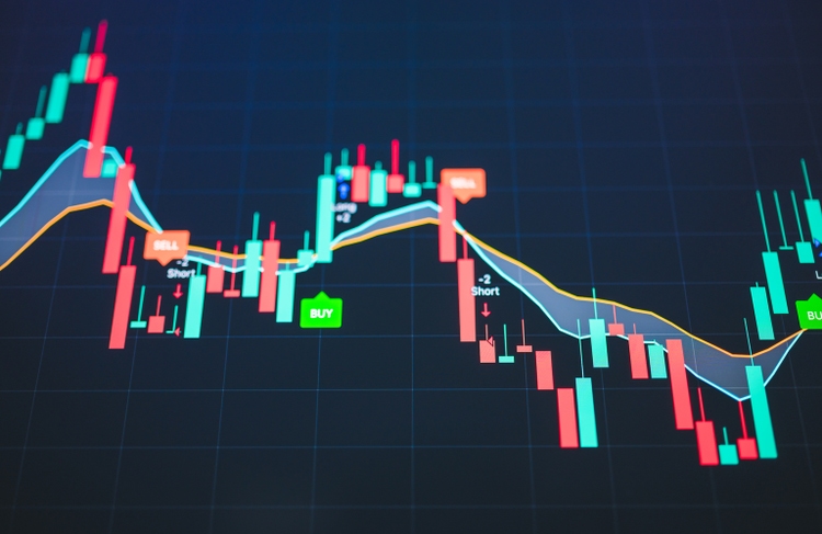 Technical candlestick price chart showing up and down trend, volatility, panic sell, red selling stock ticker trading data on computer screen background Financial business concept