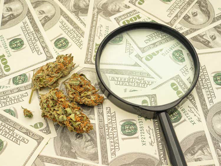 Dry marijuana buds and magnifying glass over US dollar banknotes