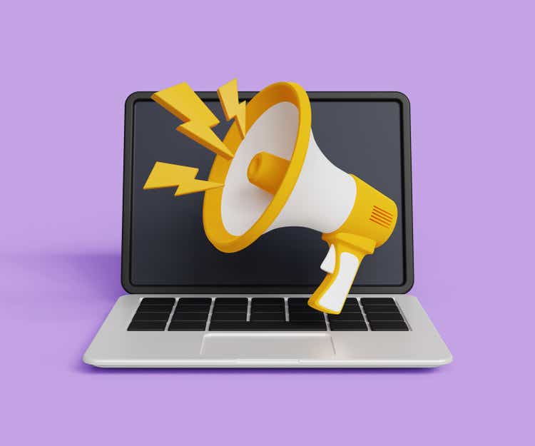 3D digital marketing icon. Online promotion and marketing, advertising concept. Laptop with yellow megaphone. 3d illustration