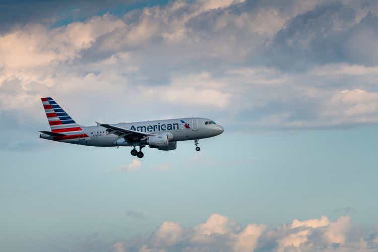 American Airlines airplane flying over Toronto in Canada