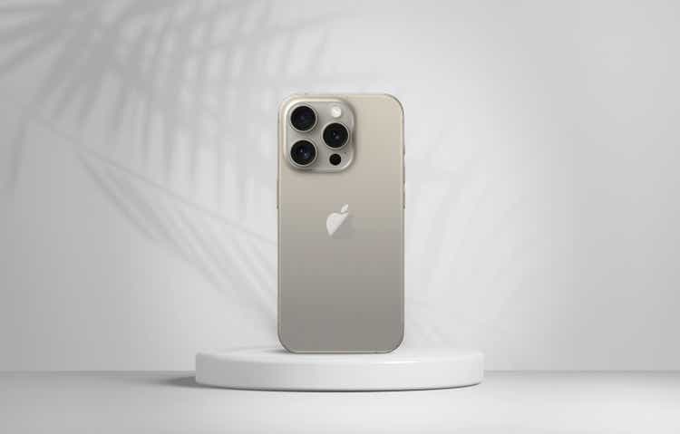 Antalya, Turkey - September 18, 2023: Newly released natural titanium iPhone 15 pro mockup set with back and front corners