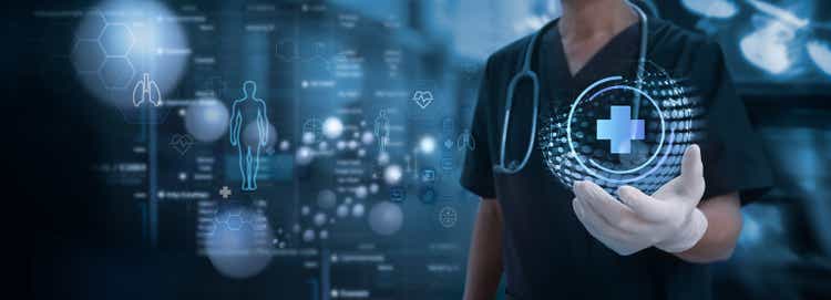 medical technology. Doctor holds health chart with DNA, electronic medical record. Digital healthcare and research on global network connections on holographic virtual screen, insurance, digital health technology