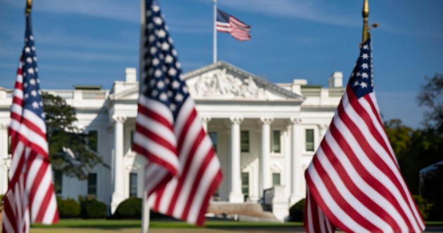 American Flags in Foreground with the White House in the Background