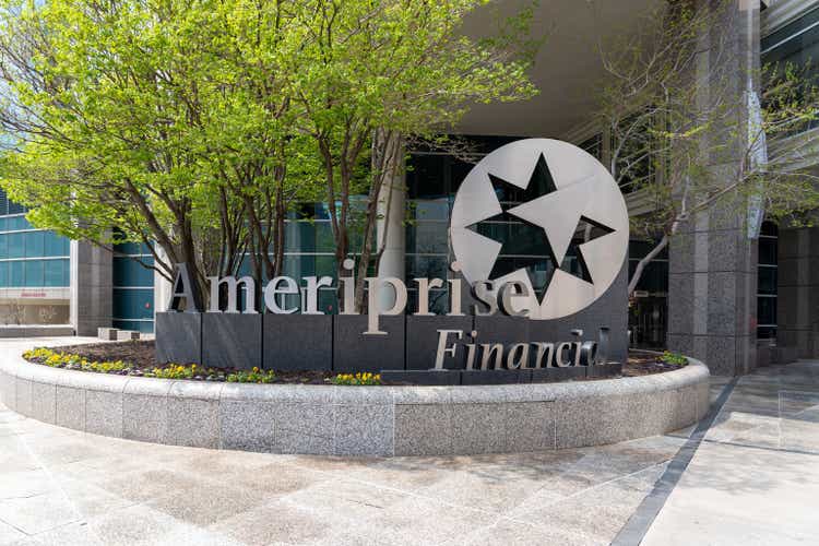 Ameriprise Financial logo sign at headquarters in Minneapolis, Minnesota, USA
