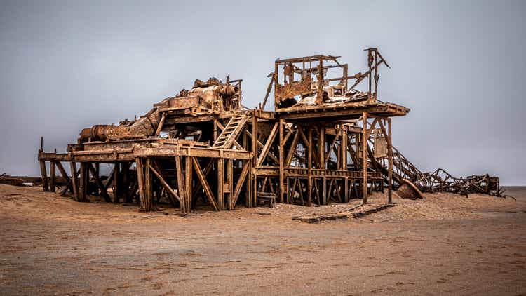 The rusted remains of an abandoned oil rig between Henties Bay and Torra Bay, Skeleton Coast, Namibia.