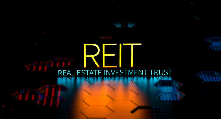 REIT Real Estate Investment Trust banner. REIT definition, neon concept, marketing, technology. 3D render