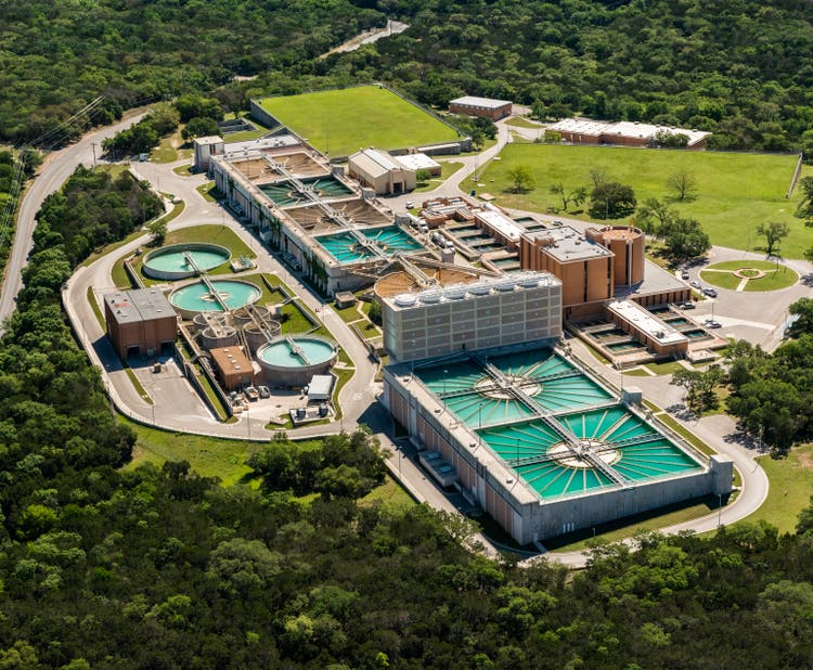 water treatment plant, wastewater bacterial, aeration, sedimentation purification, aerial view
