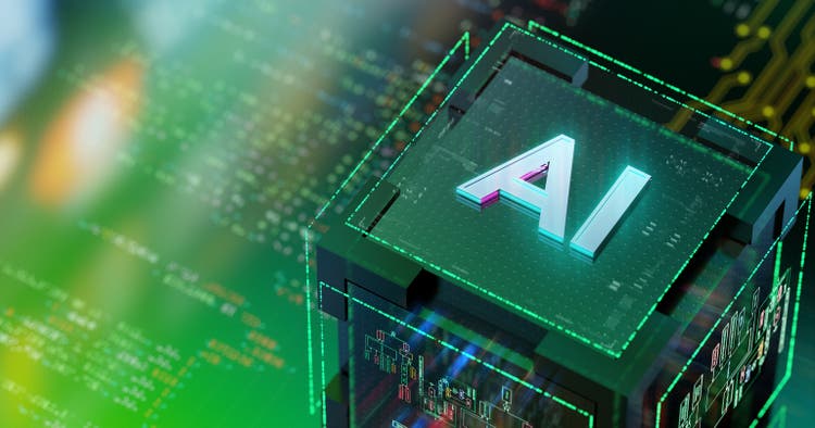 Artificial Intelligence unit processing big data arrays. Powerful Quantum AI component. The future of AI technology tech background