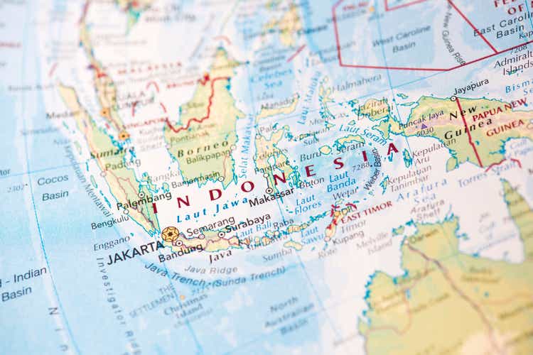 Map of Indonesia on the world globe
