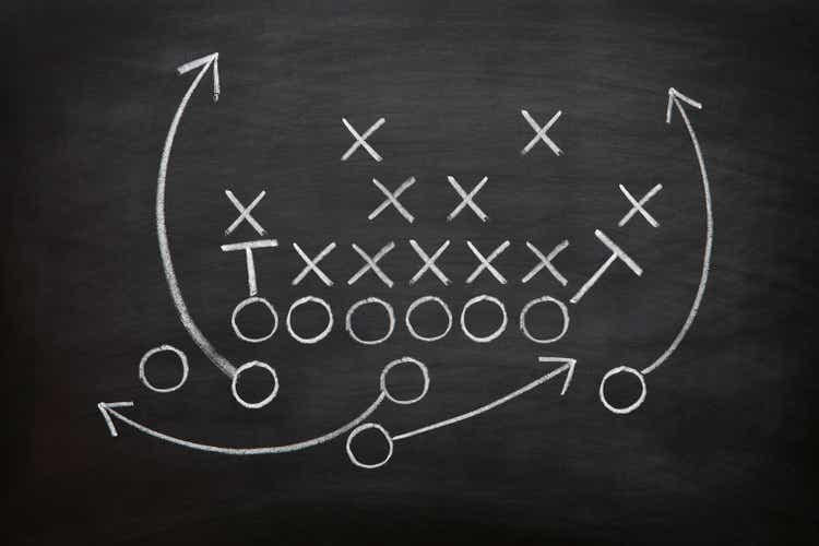 Football game plan on blackboard with white chalk