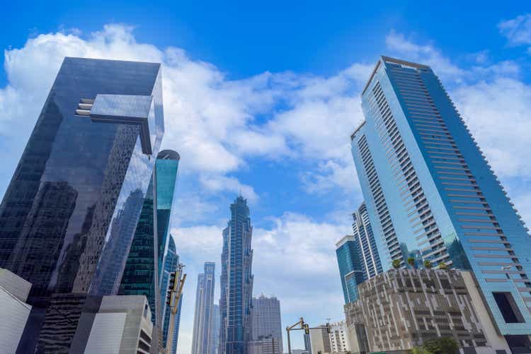 Financial skyline and business shopping center near Dubai Mall in downtown Dubai, United Arab Emirates