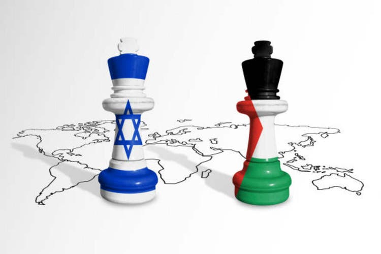 Chess made from Israel and Gaza flags on a world map. Gaza and Israel conflict