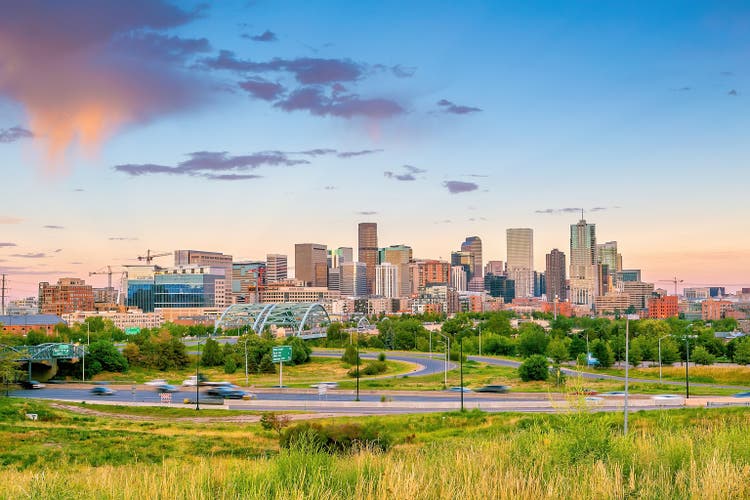Denver downtown city skyline, cityscape of Colorado in USA