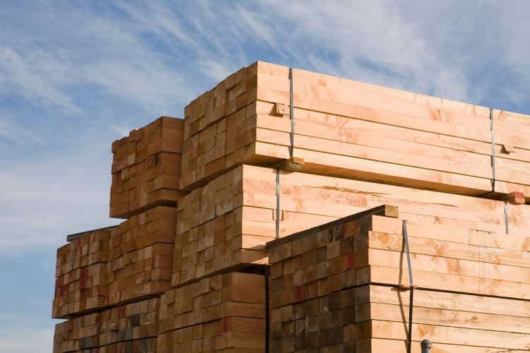 Stack of lumber in lumberyard or construction site