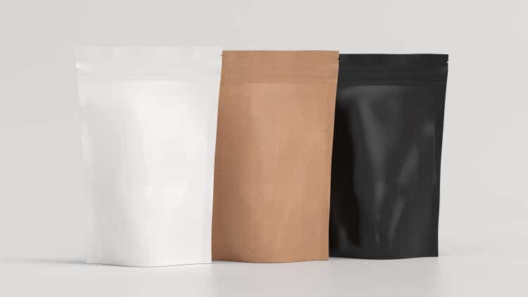 Black, craft and white packaging bag mockup for tea, coffee, snacks on white background