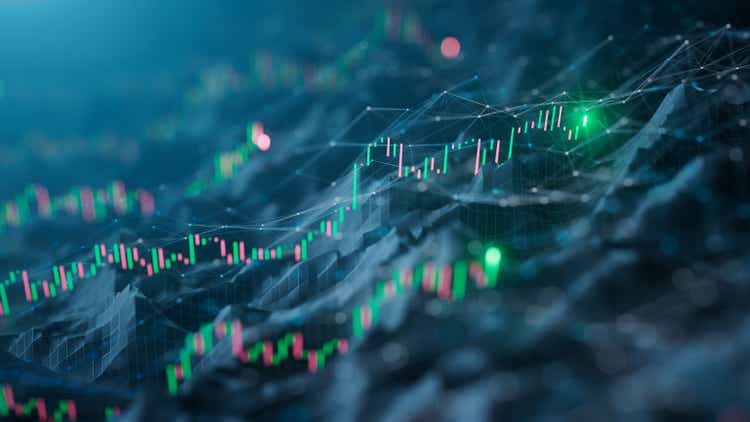 Financial data - stock market, prosperity, bull market - green and red stock chart, rising graph, financial gains