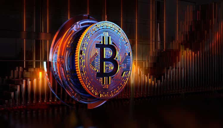 Bitcoin gold coin, chart background. Future virtual coin.