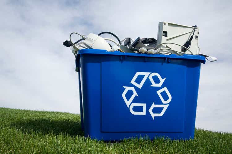 A large blue container for recycled goods