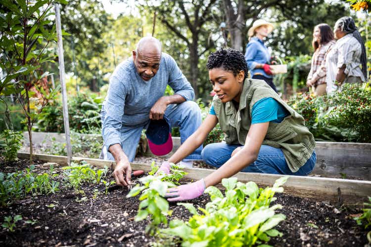 Father and adult daughter working in community garden