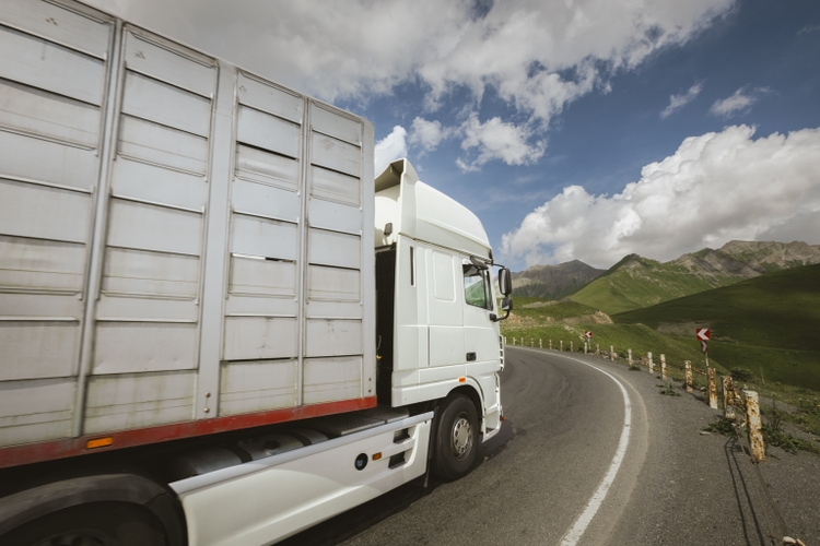 frieght truck driving through mountain road pass