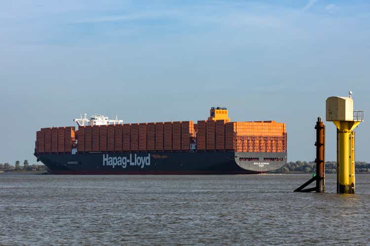 Container ship BERLIN EXPRESS leaving Hamburg on Elbe river