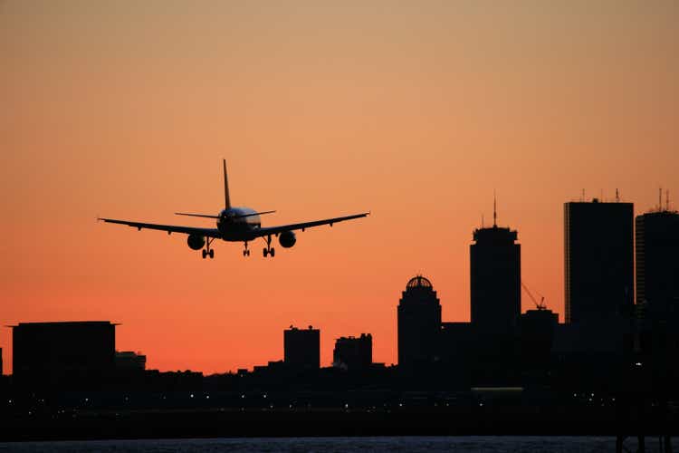 Boston Skyline Logan Airport Arrival Airliner Sunset