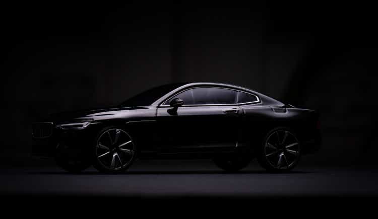 Model studio image of black Polestar 1 hybrid sports car.