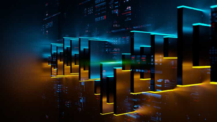 Abstract trading chart with big data and infographics. 3D Fintech concept background with glowing candle chart