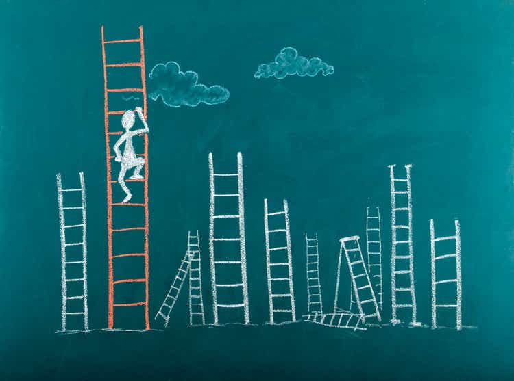 Stick figure climbing ladder to success