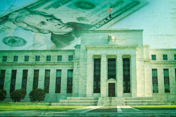 Federal Reserve building with twenty dollar bill on grunge texture