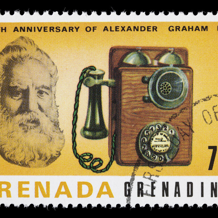 Bell and 1920 telephone postage stamp