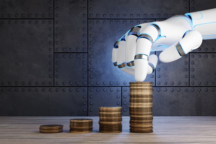 Robotic hand pointing the tallest coin stack among others arranged from short to tall on wooden table with metallic plates as background. Illustration of AI assisted investment