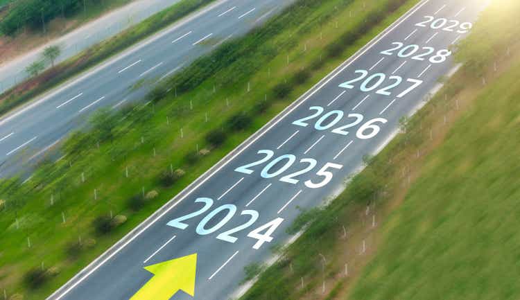 Empty asphalt road with new year numbers 2024, 2025 to 2029