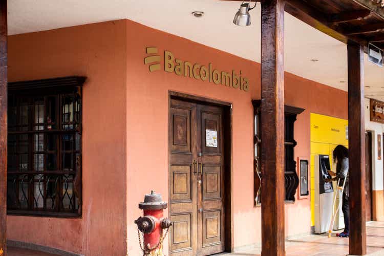 Facade of the Bancolombia bank located at the central square of La Calera