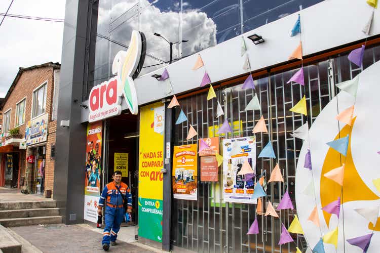 La Calera, Cundinamarca, Colombia - 31 October 2023. Facade of Tiendas Ara a low cost supermarket in La Calera.