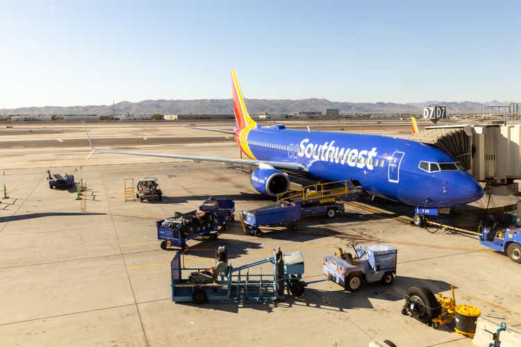 A Southwest Airlines plane sitting at the Phoenix Sky Harbor International Airport.