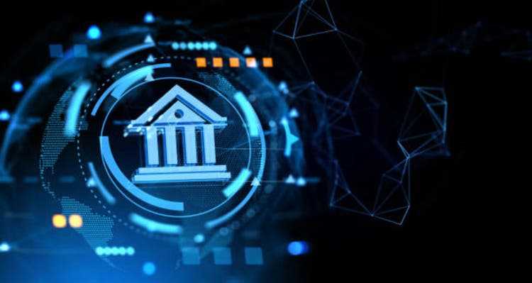 Digital bank glowing hologram with abstract lines and circles, electronic money