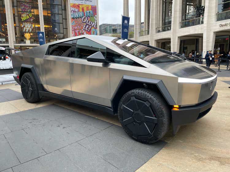Tesla Cybertruck on public display at NYC"s Lincoln Center.