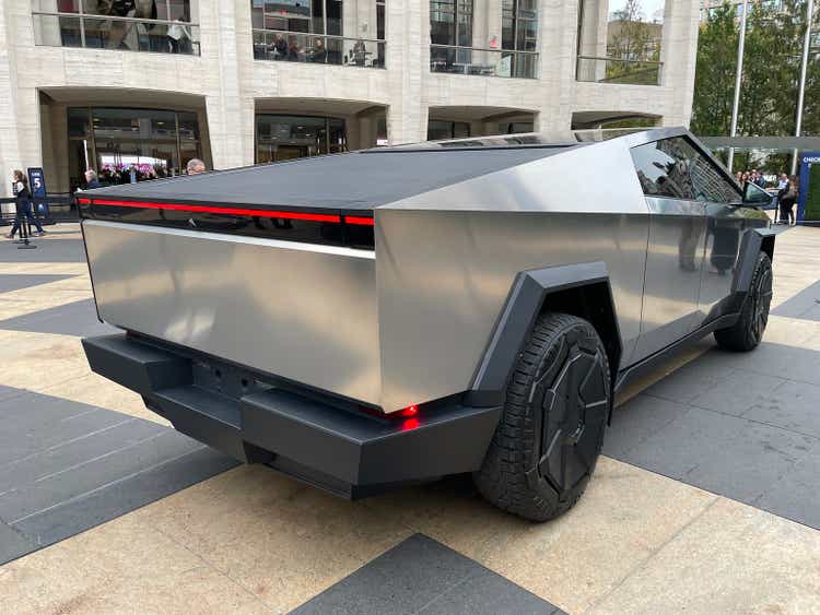 Tesla Cybertruck on public display at NYC"s Lincoln Center.