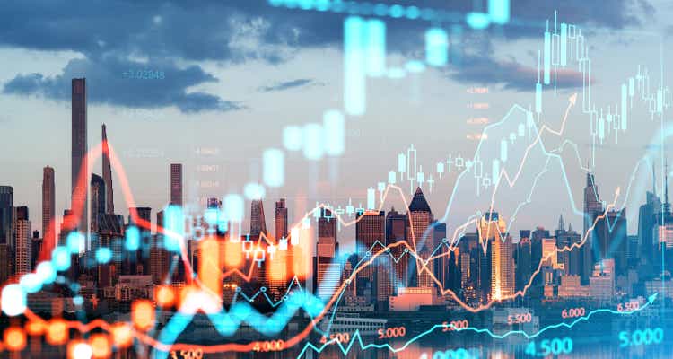 New York skyline, forex diagrams and stock market data with lines and dynamics