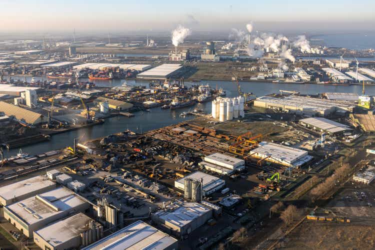 Aerial view industrial park with ports and chemical factory