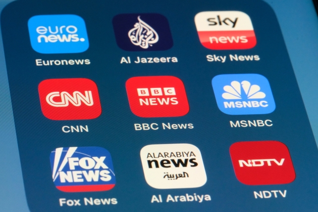 BBC NEWS, CNN, MSNBC, Euronews, Al Jazeera, Sky News, Fox News, Al Arabiya apps. Assorted news TV channels